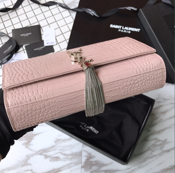 YSL Yves Saint Laurent Small Crocodile Pattern Tassel Bag - Pink - Image 4