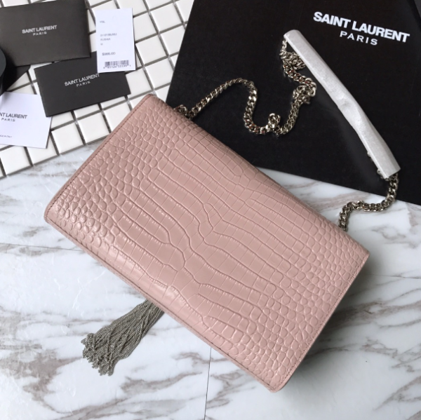 YSL Yves Saint Laurent Small Crocodile Pattern Tassel Bag - Pink - Image 3