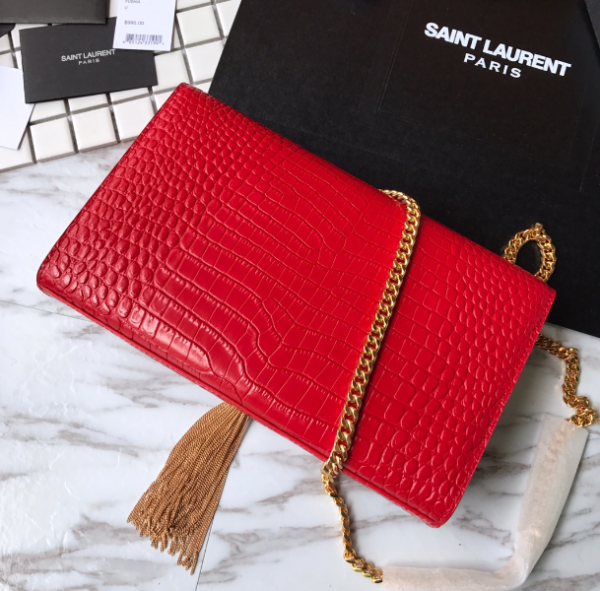 YSL Yves Saint Laurent Small Crocodile Pattern Tassel Bag - Red - Image 3