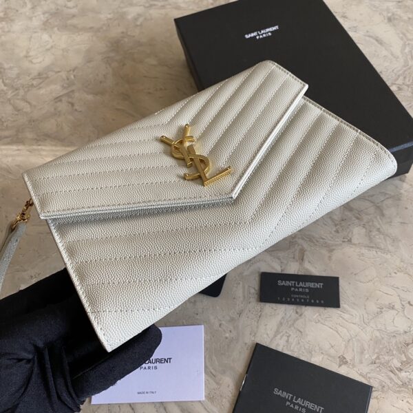 YSL Caviar Clutch With Small Handle - White (Golden) - Image 4